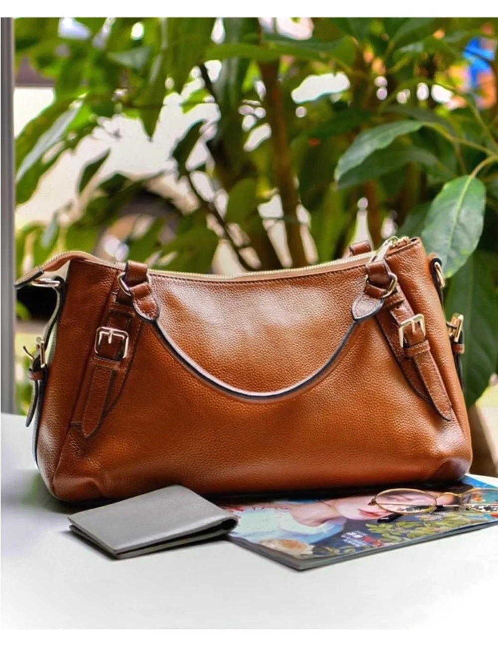 KATTEE Soft Genuine Pebbled Leather Satchel‎ Purse w/ Top Handle East West Bag